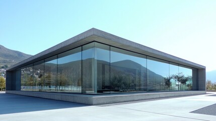 Fototapeta premium Modern glass and concrete building reflecting mountains.