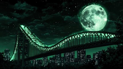 Obraz premium Glowing green bridge over city at night, large green moon in sky.