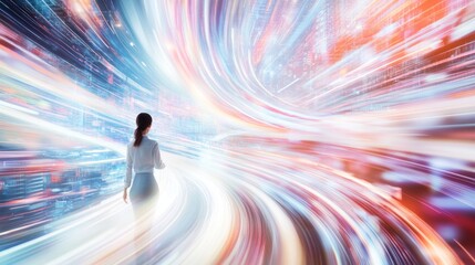 Woman walking into a swirling tunnel of light representing data and technology.