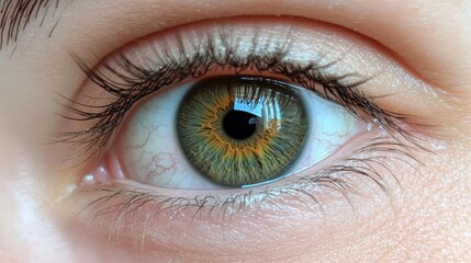 Close-up of a hazel eye with long eyelashes.