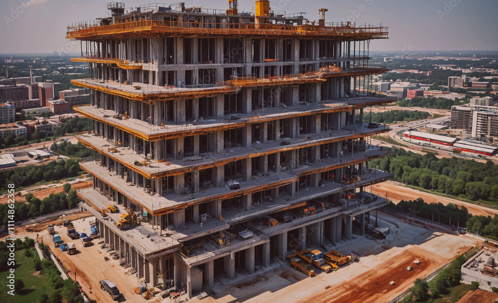 Aufkleber large building under construction with a crane in the background. the crane is on the right side of 