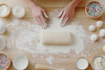 home preparation scene with dough being rolled for king cake, flour spread across a wooden surface, Mardi Gras, family traditions, celebrations, baking, holidays 