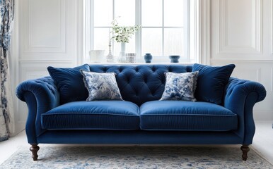 Fototapeta premium Luxurious blue velvet sofa with wooden legs in elegant white room interior, featuring classic tufted design