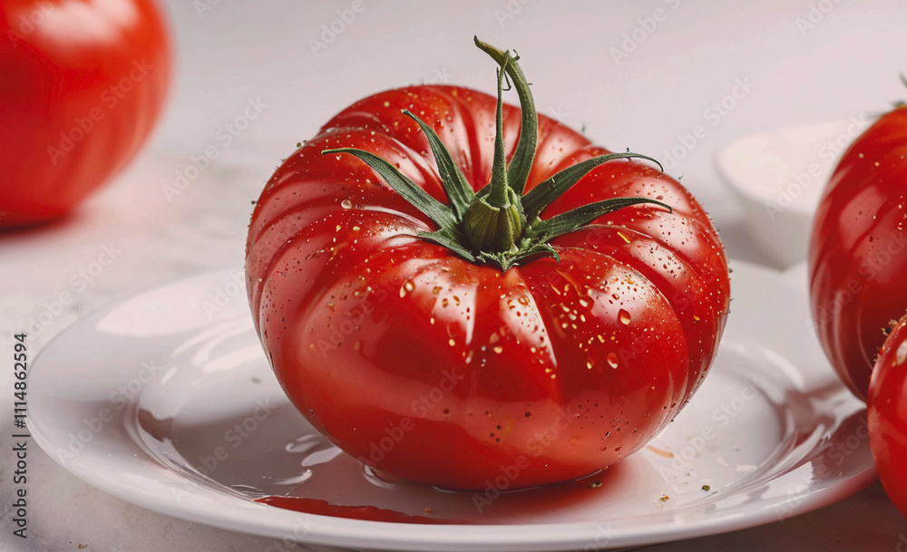 Poster large red tomato sits on a white plate. the tomato is sliced in half and has a stem