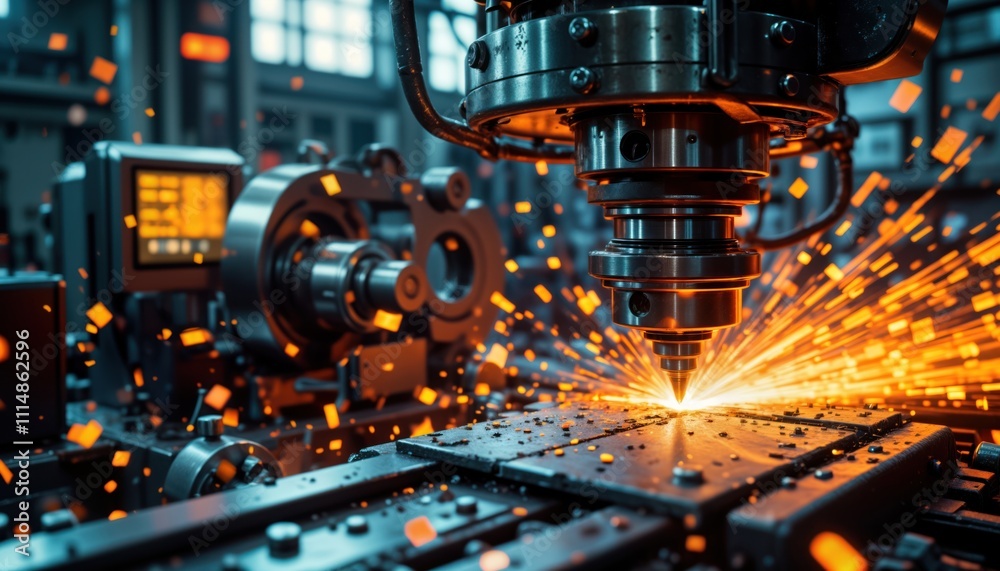 Aufkleber modern cnc lathe cutting metal. high speed automated manufacturing process. sparks fly. industry tec