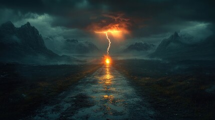 Fototapeta premium Dramatic lightning storm over a dark, misty mountain road.