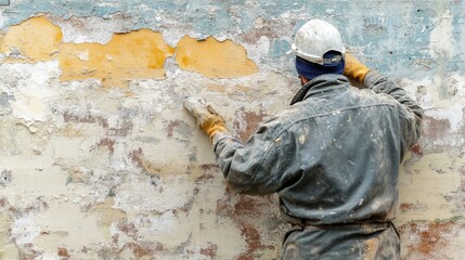 Worker Removing Old Paint from Wall in Home Renovation Process