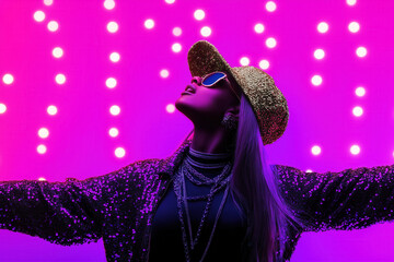 performer in a sparkling gold hat and beads dancing under purple lights, joyful energy, Mardi Gras, nightlife, festivals, parties, celebrations 