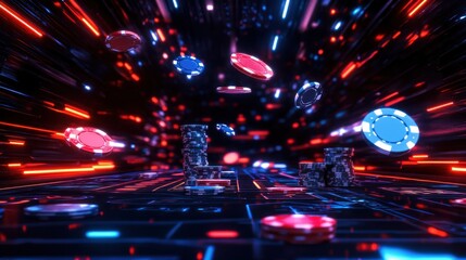 Futuristic casino chips and stacks flying in neon light streaks.