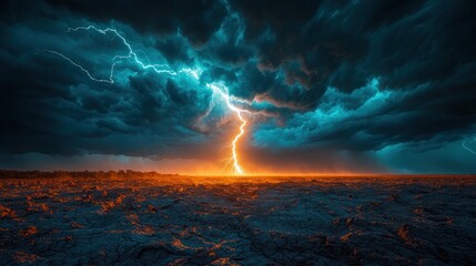 Obraz premium Dramatic lightning strike across dark stormy sky over barren landscape.