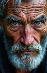 Intense close-up portrait of weathered elderly man with rugged face. Deep wrinkles, moisture-rich skin display life experiences, intense emotion. Blue eyes stare directly at viewer reflecting wisdom,