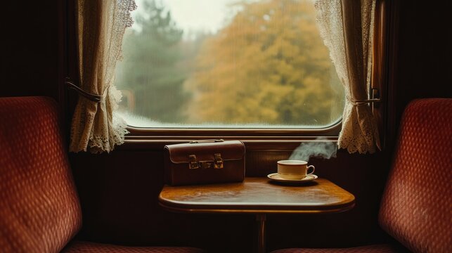 Vintage train compartment interior with a cup of tea and a suitcase on a small table, autumn view from the window.