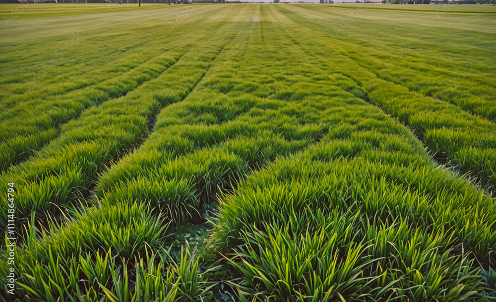 Poster Field of grass with a few weeds in it. The grass is green and tall. The weeds are small and scattered throughout the field