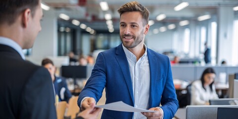 A smiling businessman in a blue suit hands over documents to a colleague in a busy office environment. The focus is on the man in blue, highlighting the exchange. 