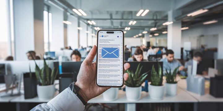 A close-up shot of a hand holding a smartphone displaying an email inbox, with a blurred office environment and colleagues working in the background. - Powered by Adobe