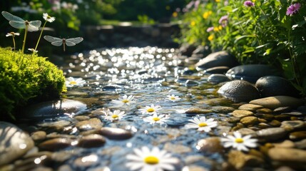 Fototapeta premium Serene creek flowing through garden, daisies floating on water, dragonflies.