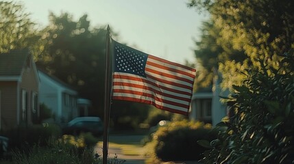 American Flag Waves Gently In Suburban Neighborhood