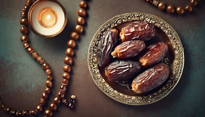Dates fruit, tea and spices on white table, top view