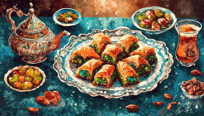 Traditional turkish dessert baklava with cashew, walnuts. Vintage background.