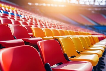Fototapeta premium Rows of Empty Colorful Stadium Seats in Bright Sunlight Creating a Vibrant Atmosphere for Sports Events and Gatherings