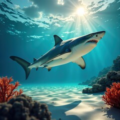 Fototapeta premium Majestic shark swims gracefully in caribbean sea. Sunlight streams through water. Coral reef, sandy seabed visible. Exotic underwater world. Beautiful marine life. Underwater photo of nature. Ocean