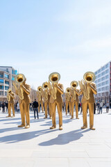 Obraz premium bronze statues of street musicians, installed in a lively carnival square, Mardi Gras, festivals, celebrations, artistic displays, cultural events