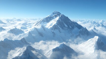 Naklejka premium Majestic snow-capped mountain peak rising above a sea of clouds under a clear blue sky. (1)
