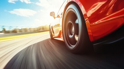 Red sports car speeding on a race track, motion blur.