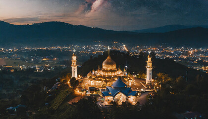 Aerial view of the mosque at night in Istanbul, Turkey.