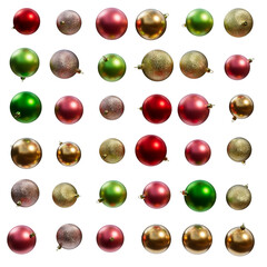 Christmas ball. Shiny ornaments on a transparent background. 3D render. Holiday decoration. Set of a bright red, green, gold, pink and silver bubbles.
