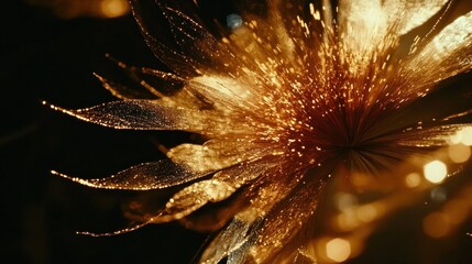 Close-up of a golden, translucent flower with a dark background, illuminated with bokeh lights.