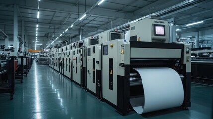 Obraz premium Industrial printing factory with large roll of paper and machinery.