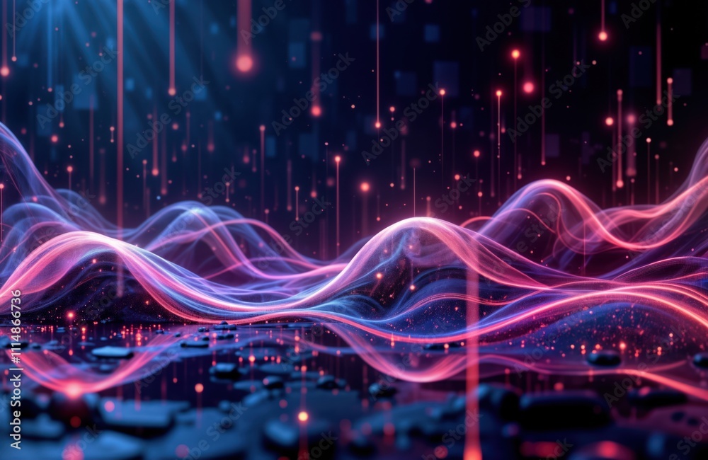 Poster Abstract futuristic illustration shows glowing particles forming wavy shapes. Dynamic flow of data, energy. Modern design with vibrant colors. Concept for tech background. Digital wave pattern. 3D