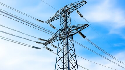 Low-angle view of a tall electricity pylon against a bright blue sky with wispy clouds.