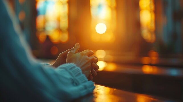 Devotional gathering  christian community in prayer, holding hands in worship around a bible