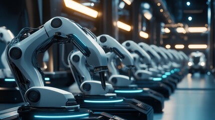 Row of robotic arms in a futuristic factory.