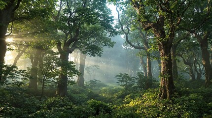 Obraz premium A serene forest with a soft blue mist hovering above the trees, , gentle hues, blue gradient