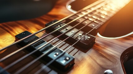 Obraz premium Close-up of a four-string bass guitar with sunlit wood grain.