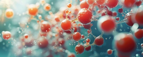 A vibrant and dynamic representation of interconnected red molecules and atoms encapsulating the intricate essence of scientific discovery and molecular structure