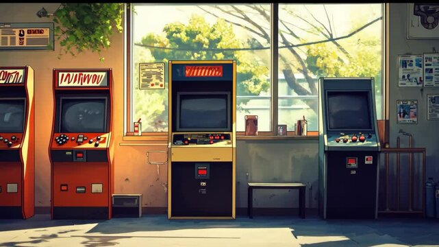 Retro arcade setup with vintage gaming machines illuminated by natural sunlight in a cozy room