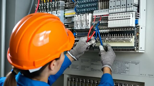 Electrician working on a control panel in a commercial building during daytime