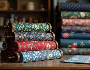 Rolls of colorful fabric neatly stacked, displayed. Different floral patterns, prints visible. Tailor shop custom fabrics for bespoke garments. Shop likely caters to discerning business clients