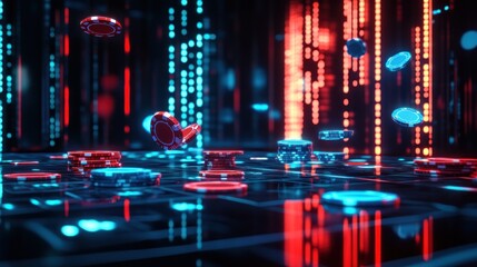 Futuristic casino chips and poker game in a digital space with red and blue neon lights.