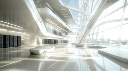 Obraz premium Modern futuristic office lobby with sunlight streaming through large windows, showcasing sleek design and high-tech server racks.
