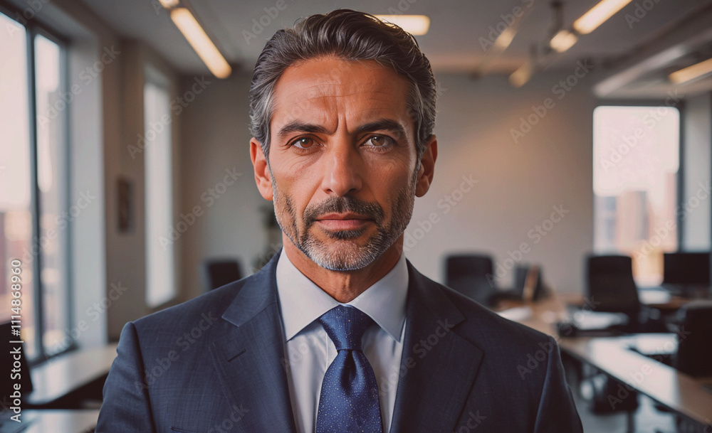 Poster Man wearing a suit and tie is standing in front of a window. He is looking directly at the camera