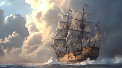 Fototapeta premium Majestic galleon sailing through dramatic cloudscape at sunset.