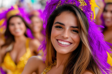 samba dancers in golden costumes with purple feathers performing to live music on a vibrant street,...