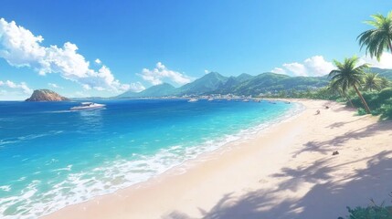 Idyllic tropical beach scene with turquoise water, white sand, palm trees, and boats.