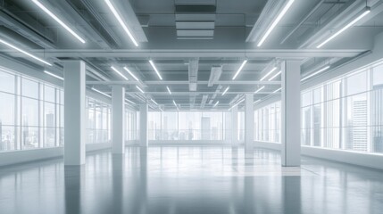 Fototapeta premium Modern empty office space with city view, bright lighting, and high ceilings.