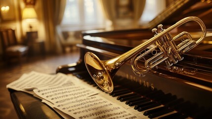 Gold trumpet rests on grand piano with sheet music in elegant room.